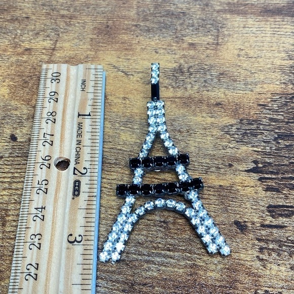 Brooch Eiffel Tower France Black Clear Rhinestones Pin Large Vintage - Picture 3 of 7